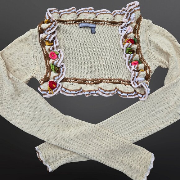 90s Y2K Shrug Cardigan Womens S Crochet flowers Fairy Cottage Grunge Boho Rave - Picture 1 of 12